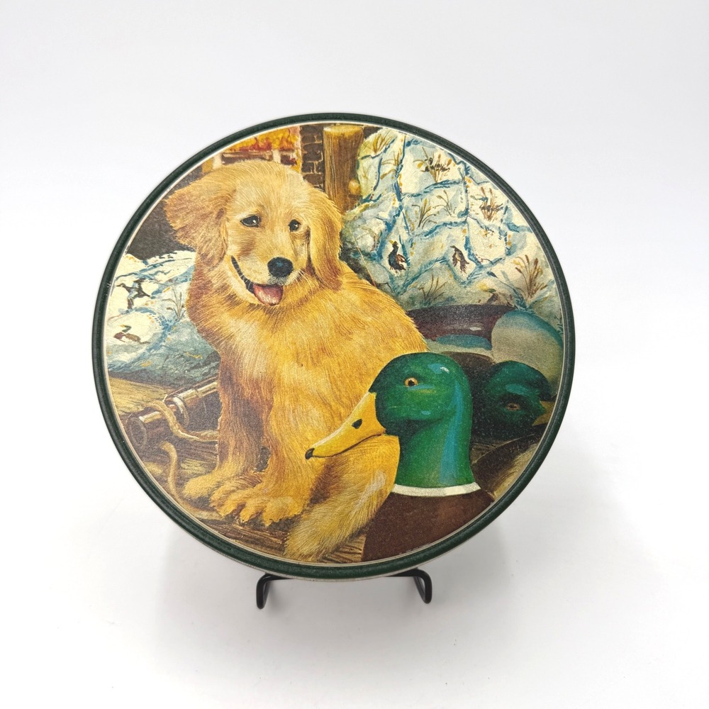 Vintage Golden Retriever Mallard Duck Hunting Dog Round Metal Decorative Tin